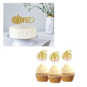 Gold Glitter Pumpkin One Cake Topper and 12Pcs Cupcake Topper